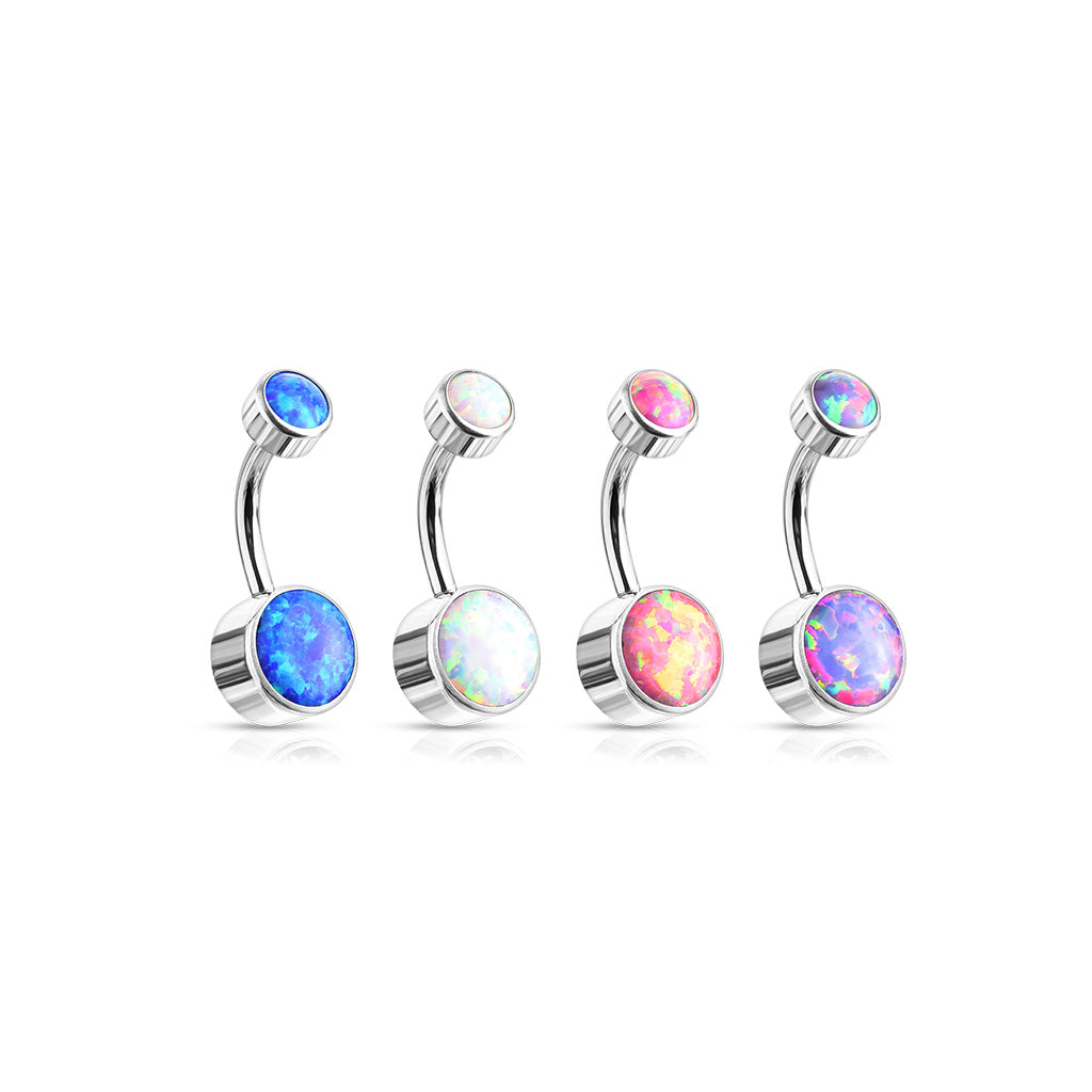 Four curved barbell belly button piercings with round iridescent opal gemstones in blue, white, pink, and purple, set in silver-tone metal on a white background.