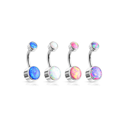 Four curved barbell belly button piercings with round iridescent opal gemstones in blue, white, pink, and purple, set in silver-tone metal on a white background.