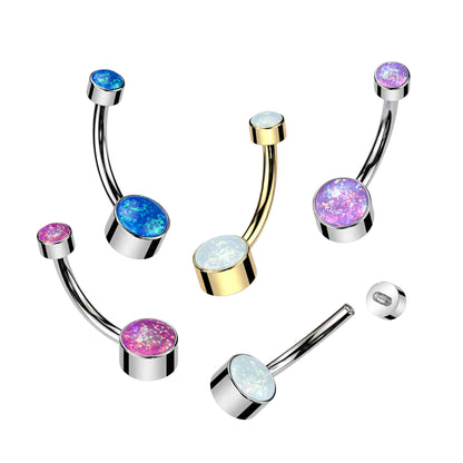 Five curved barbell belly button piercings with round bezel-set opal-like stones in blue, purple, pink, white, and iridescent finishes, shown on a plain white background with one earring separated to display the back post.
