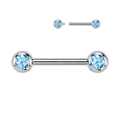 Titanium Silver Aqua Blue Gem Nipple Bar 14g
