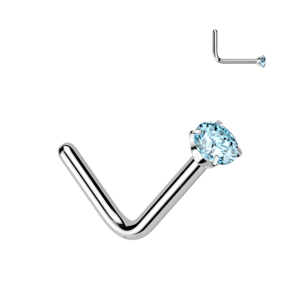 Titanium Silver Aqua Blue Prong Gem 'L' Bend Nose Stud