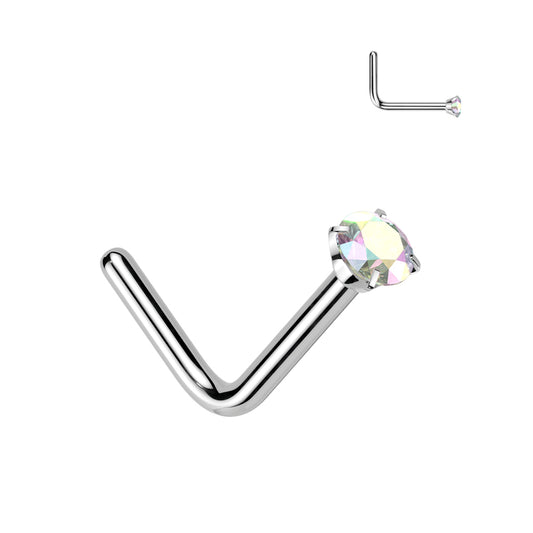 Titanium Silver Aurora Borealis Prong Gem 'L' Bend Nose Stud