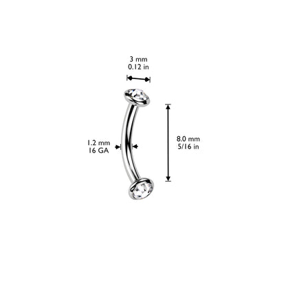Titanium Silver Bezel Set Clear Gem Curved Barbell dimensions