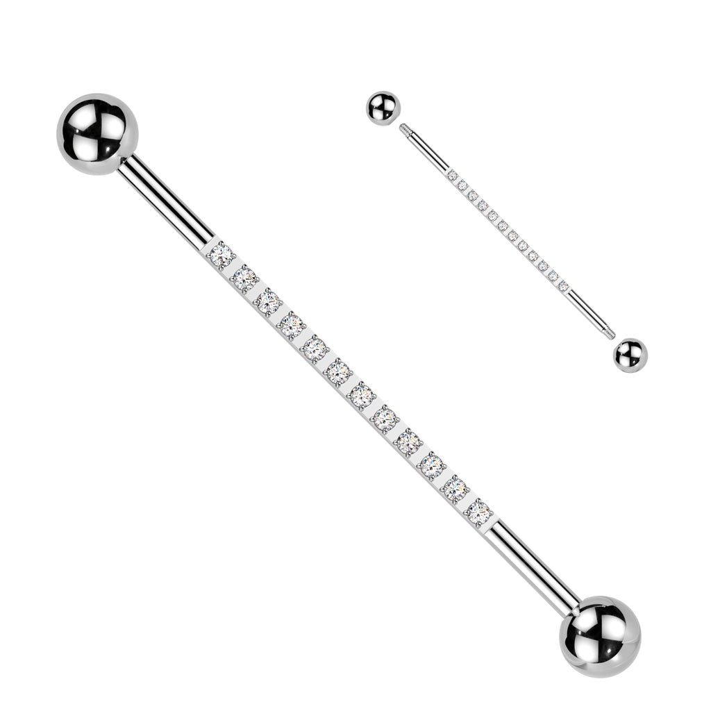 Titanium Silver CNC Lined Gem Industrial Barbell 38mm