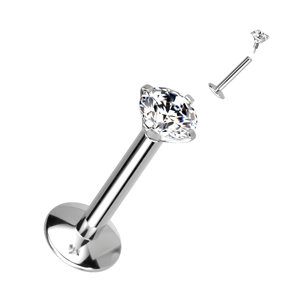 Titanium Silver Clear Prong Gem Long Thread Flat Back Stud