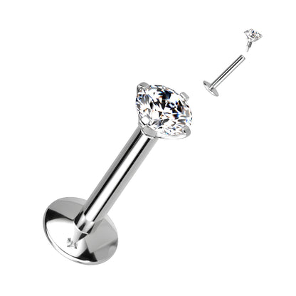 Titanium Silver Clear Prong Gem Long Thread Flat Back Stud