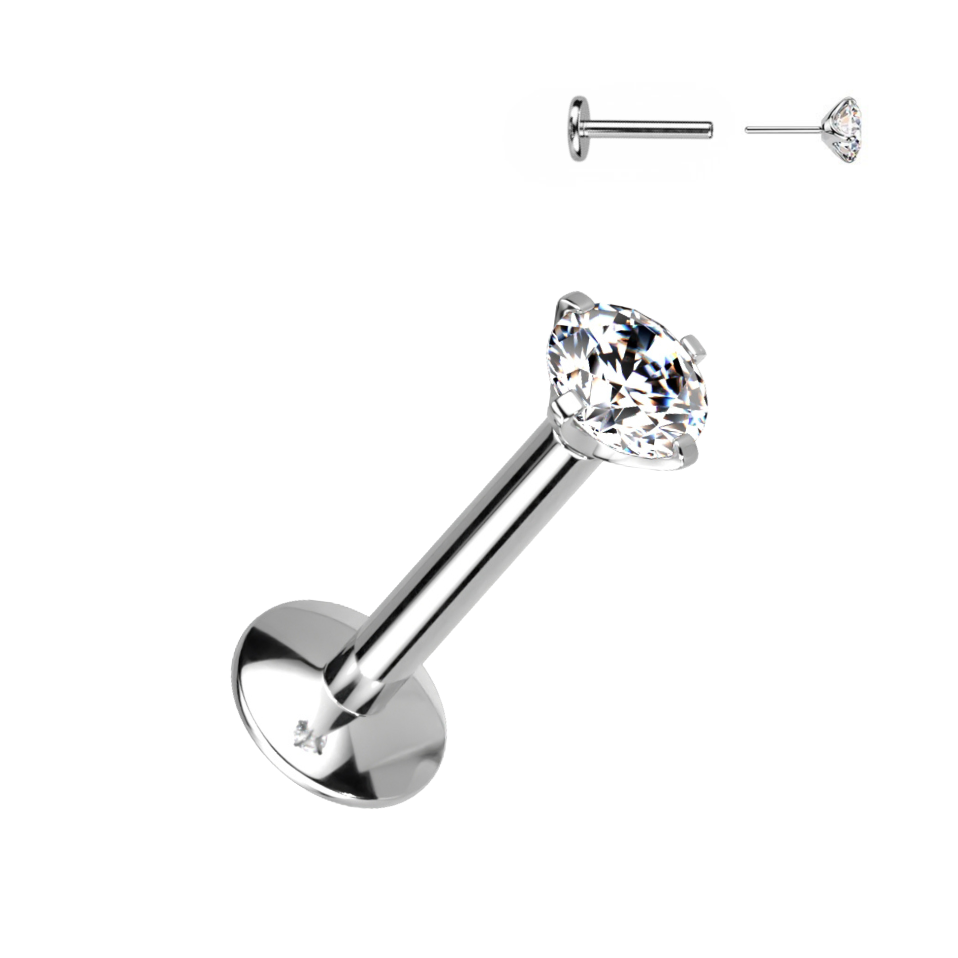 Titanium Silver Clear Prong Gem Threadless Flat Back Stud