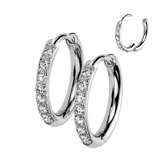 Titanium Silver Hinged Clicker Huggie CNC Set CZ Earrings