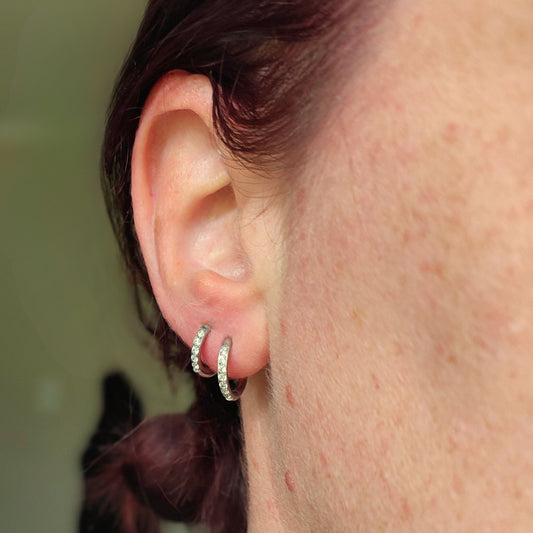 Titanium Silver Hinged Clicker Huggie CNC Set CZ Earrings model