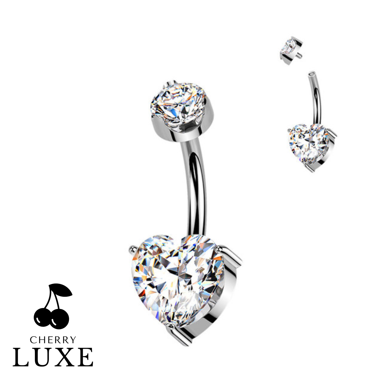 Titanium Silver Internally Threaded Heart Moissanite Belly Button Ring