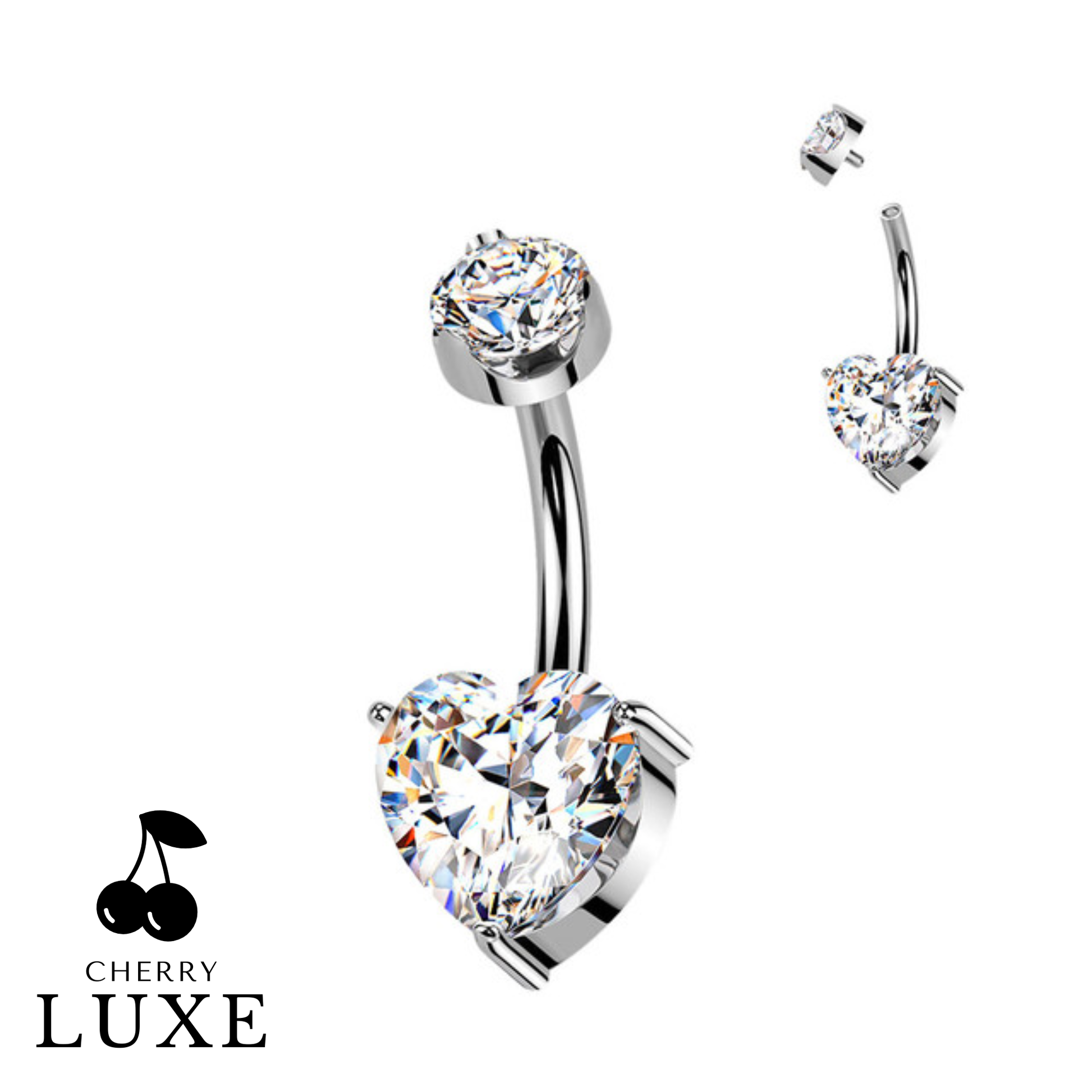 Titanium Silver Internally Threaded Heart Moissanite Belly Button Ring