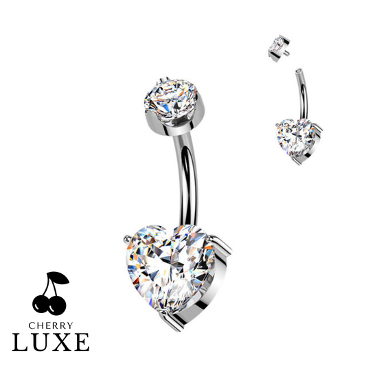 Titanium Silver Internally Threaded Heart Moissanite Belly Button Ring