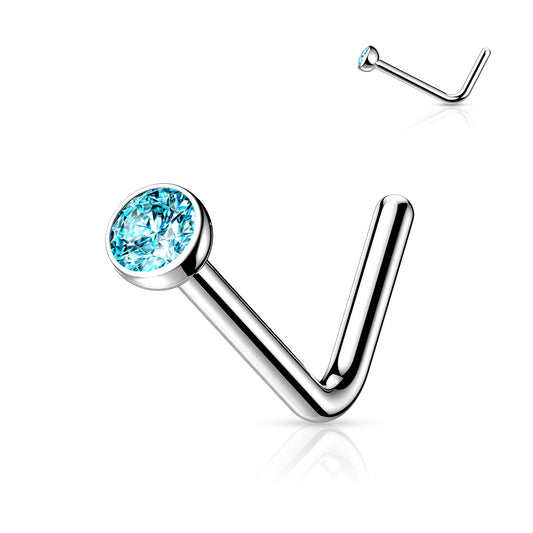 Titanium Silver 'L' Bend Aqua Blue Gem Nose Stud