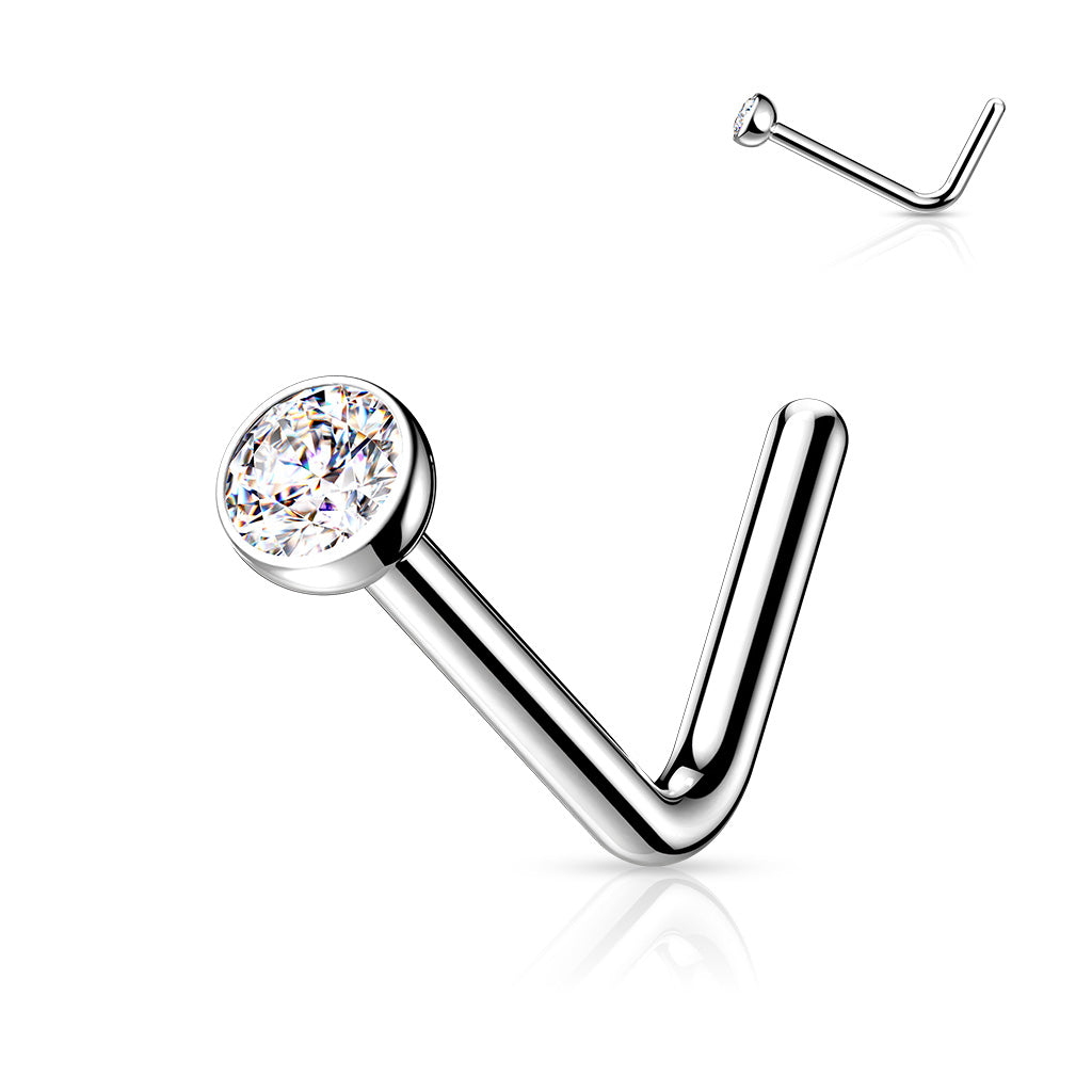Titanium Silver 'L' Bend Clear Gem Nose Stud