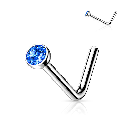 Titanium Silver 'L' Bend Dark Blue Gem Nose Stud