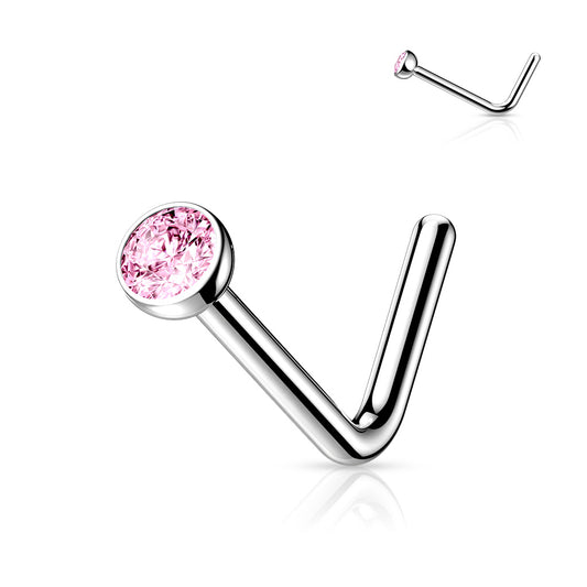 Titanium Silver 'L' Bend Pink Gem Nose Stud