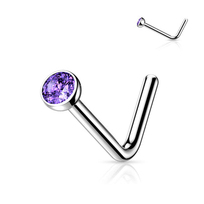 Titanium Silver 'L' Bend Purple Gem Nose Stud
