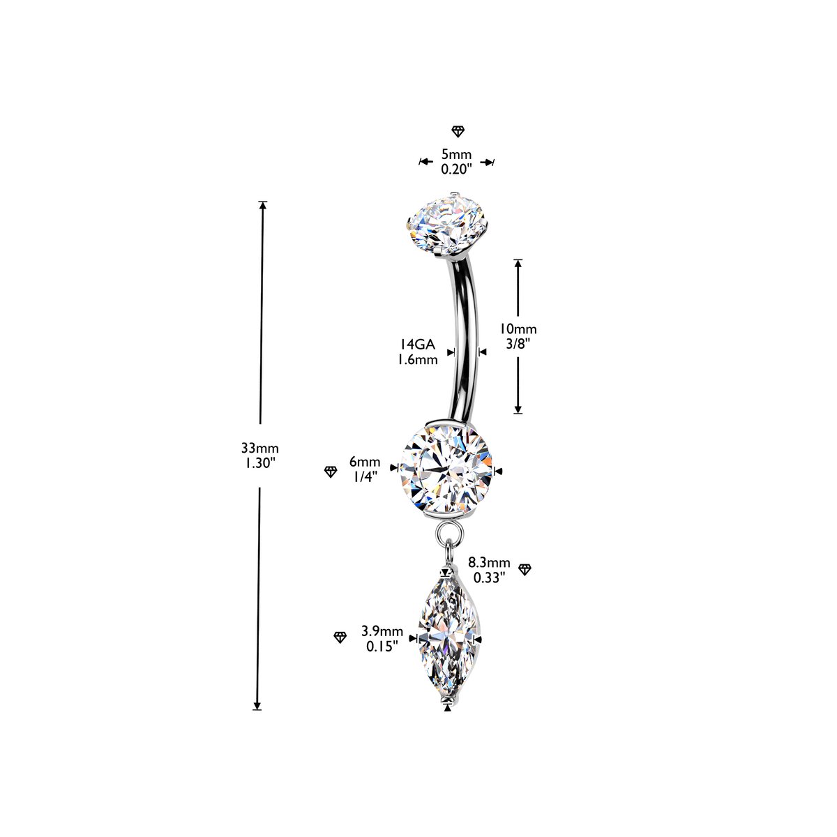 Titanium Silver Marquise Dangle Belly Bar 14g dimensions