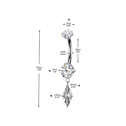 Titanium Silver Marquise Dangle Belly Bar 14g dimensions