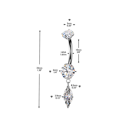 Titanium Silver Marquise Dangle Belly Bar 14g dimensions