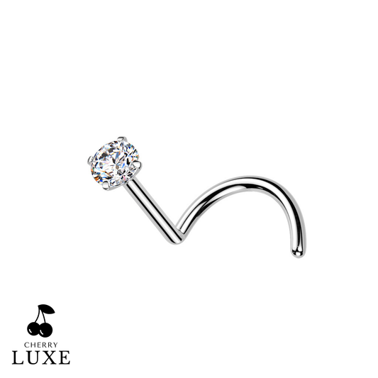 Silver nose ring with a clear gemstone on a white background, branded 'Cherry Luxe'.