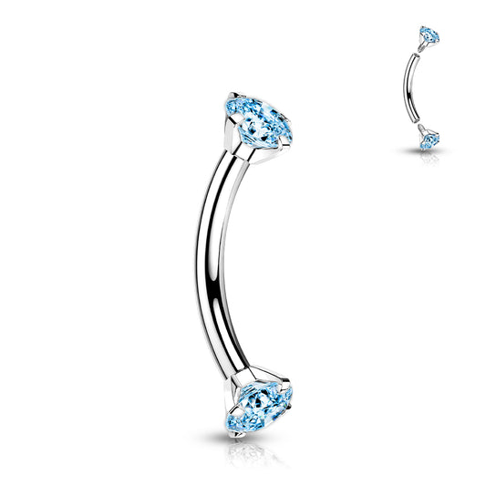 Titanium Silver Prong Set Aqua Blue Gem Curved Piercing Barbell