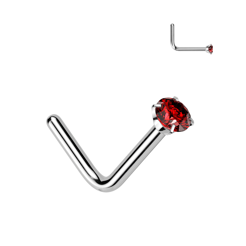 Titanium Silver Red Prong Gem 'L' Bend Nose Stud