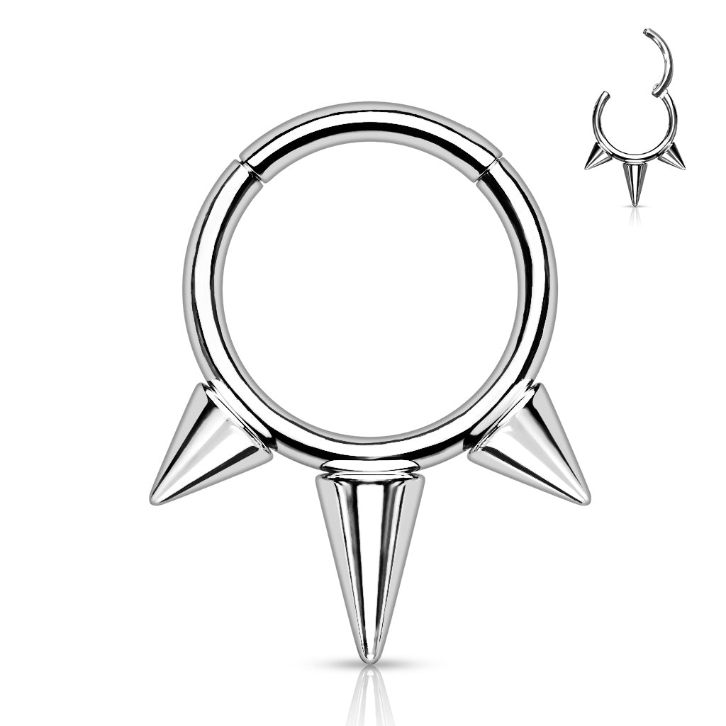 Titanium Silver Triple Spike Hinged Clicker Ring 16g