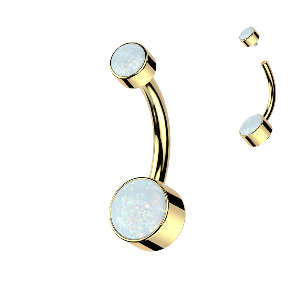 Titanium White Opal Gem Gold Belly Button Bar 14g