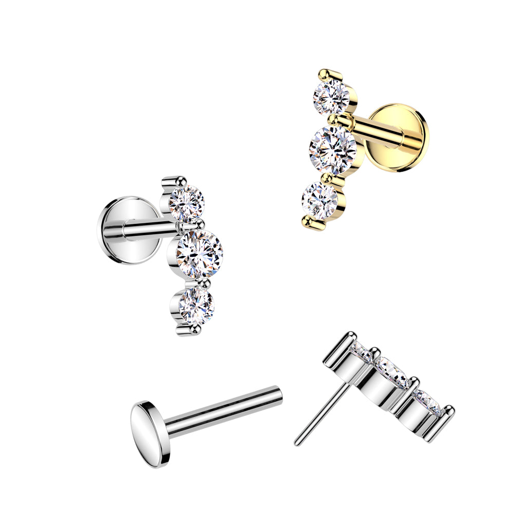 Triple Gem Threadless Flat Back Stud 20g-16g