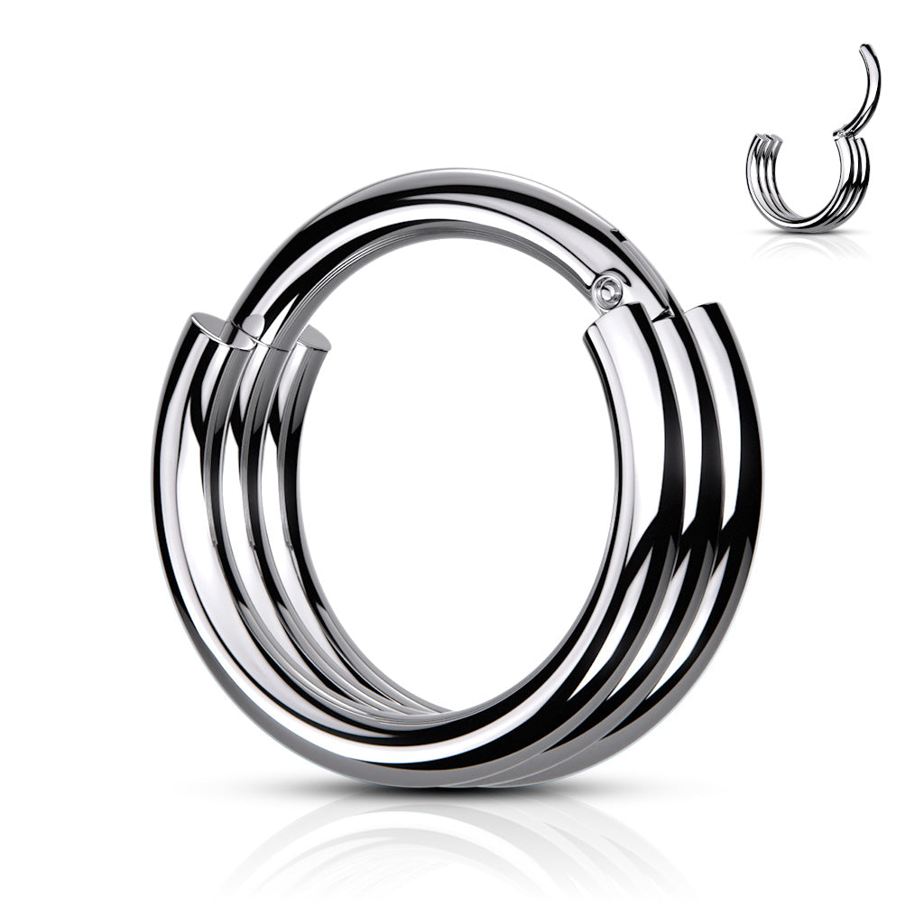 Triple Layer Hoops Silver Steel Clicker Ring 16g
