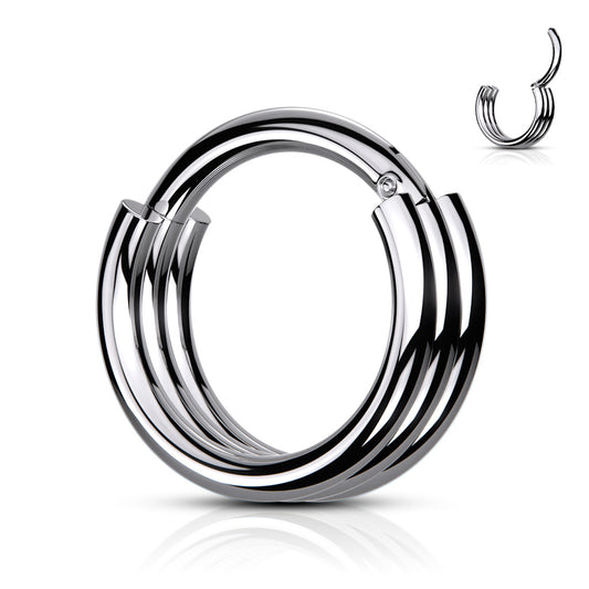 Triple Layer Hoops Silver Steel Clicker Ring 16g