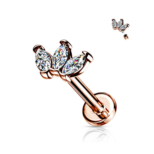 Triple Marquise Clear Gem Rose Gold Flat Back Stud