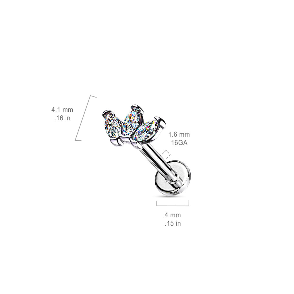 Triple Marquise Clear Gem Silver Flat Back Stud 16g dimensions