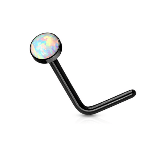 White Opal Set Flat Top 'L' Shaped Nose Stud Black