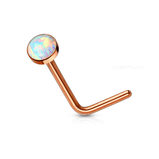 White Opal Set Flat Top 'L' Shaped Nose Stud Rose Gold