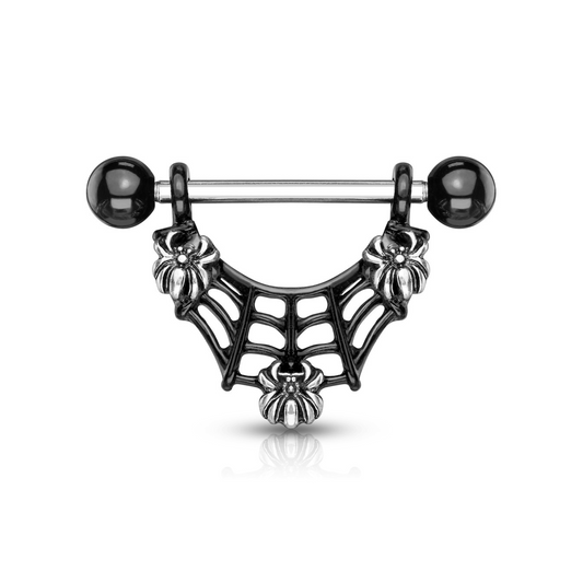 three spider in web nipple dangle bar